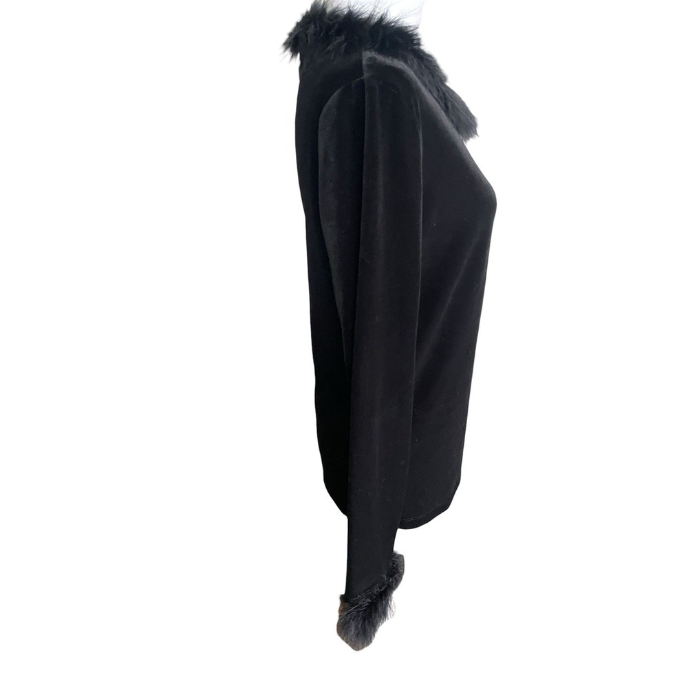 Vintage 90s Black Velvet Long Sleeve Top Fur Feather Trim Vampy Gothic Glam Sz M - Picture 6 of 12